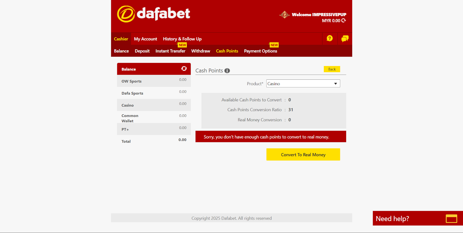 dafabet betting, cash points