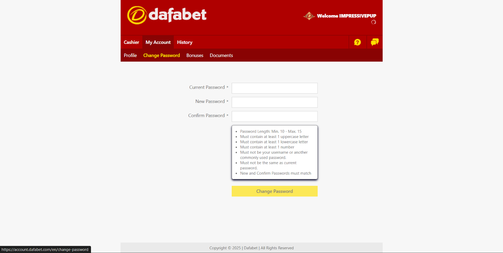 dafabet link, Change Password