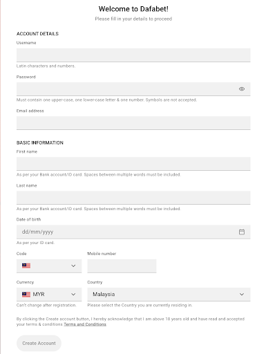 Registration at Dafabet Malaysia