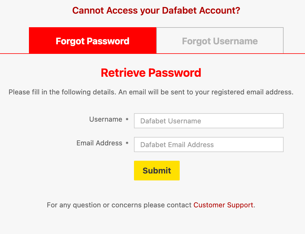 Reset Dafabet Account Password or Username