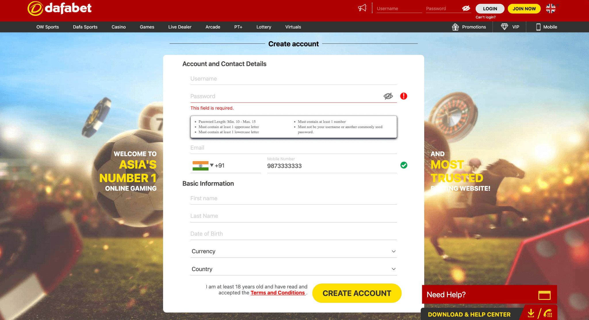 Dafabet account registration form