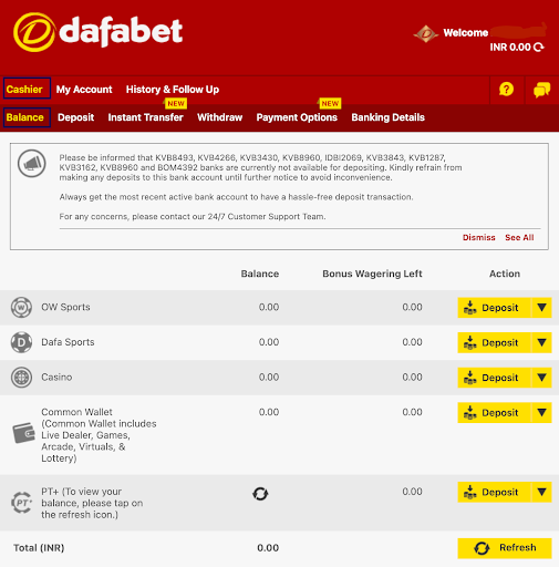 Dafabet account balance overview in Cashier section