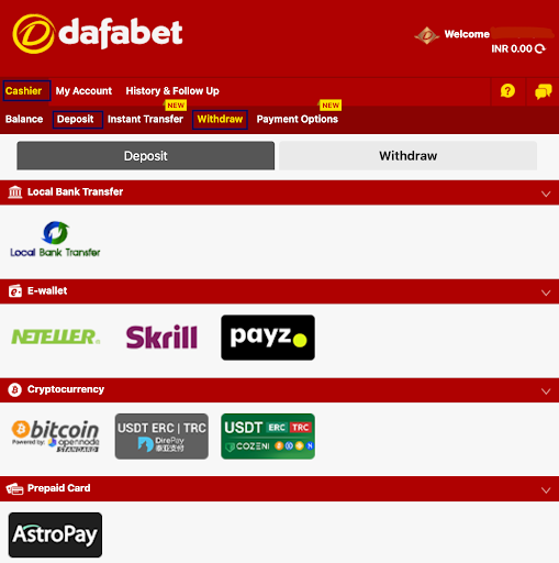 Dafabet account deposit & withdraw overview in Cashier section
