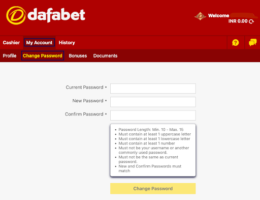 Dafabet password change settings