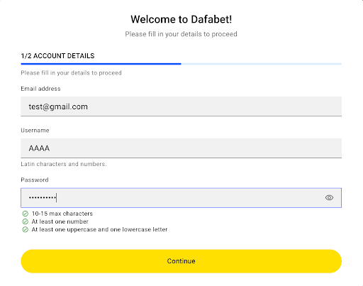 Dafabet resgistration form 1 page